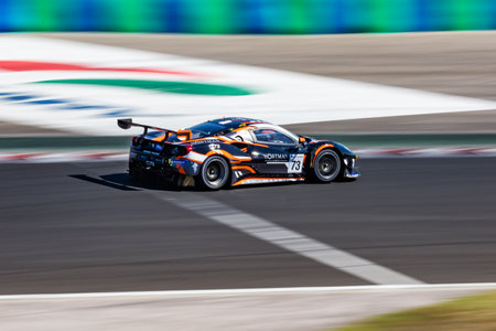 Mogyorod, Hungary - July 9, 2022: International GT Open. Ferrari 488 GT3. Motorsport and racing. Sports car and supercar. Grand prix and race. Action Photography.のeditorial素材