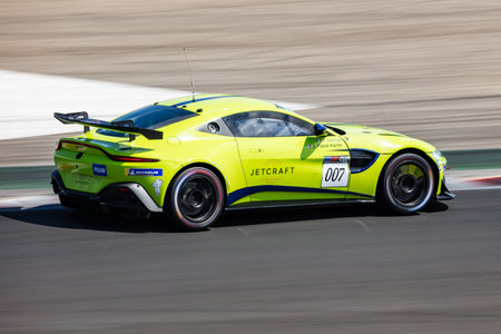 Mogyorod, Hungary - July 9, 2022: GT Cup Open Europe. Aston Martin Vantage AMR GT4. Motorsport and racing. Sports car and supercar. Grand prix and race. Action Photography.のeditorial素材