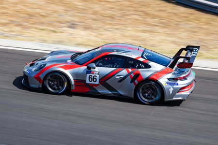 Mogyorod, Hungary - July 9, 2022: GT Cup Open Europe. Porsche 991 GT3. Motorsport and racing. Sports car and supercar. Grand prix and race. Action Photography.のeditorial素材