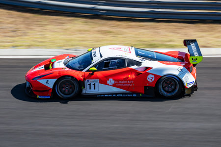 Mogyorod, Hungary - July 9, 2022: International GT Open. Ferrari 488 GT3. Motorsport and racing. Sports car and supercar. Grand prix and race. Action Photography.のeditorial素材