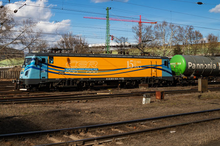 Budapest, Hungary - March 13, 2021: CER Cargo Holding. International train transportation. Cargo freight wagon at train station. Global transport and shipping.のeditorial素材