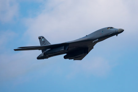 Sliac, Slovakia - August 27, 2017: B-1 Military bomber jet plane at air base. Strategic United States air force flight operation. Aviation and aircraft. Air defense. USAF. Fly and fly.のeditorial素材