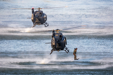 Szolnok, Hungary - August 17, 2022: Hungarian Air Force Airbus Helicopters H145M military utility helicopter. Flight operation. Aviation industry and rotorcraft. Transport and airlift. Fly and flyのeditorial素材