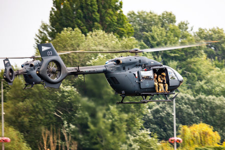 Szolnok, Hungary - August 16, 2022: Hungarian Air Force Airbus Helicopters H145M military utility helicopter. Flight operation. Aviation industry and rotorcraft. Transport and airlift. Fly and flyのeditorial素材