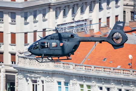 Budapest, Hungary - August 15, 2022: Hungarian Air Force Airbus Helicopters H145M military utility helicopter. Flight operation. Aviation industry and rotorcraft. Transport and airlift. Fly and flyのeditorial素材