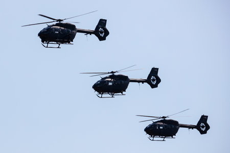 Szolnok, Hungary - August 16, 2022: Hungarian Air Force Airbus Helicopters H145M military utility helicopter. Flight operation. Aviation industry and rotorcraft. Transport and airlift. Fly and flyのeditorial素材