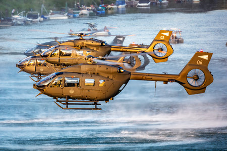 Szolnok, Hungary - August 17, 2022: Hungarian Air Force Airbus Helicopters H145M military utility helicopter. Flight operation. Aviation industry and rotorcraft. Transport and airlift. Fly and flyのeditorial素材