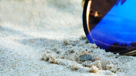 Sunglasses on the sand , holiday desert is reflected in the glassesの写真素材