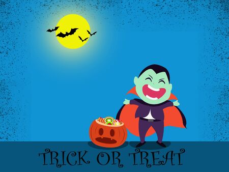 Halloween party for kids. Children wearing dracula Halloween costumes  under the moonlight on a blue background at nightの写真素材