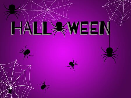 Halloween day. Many black spiders on a purple background and black Halloween fontの写真素材