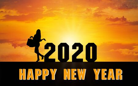 Happy New Year 2020 Silhouette. A girl holding a shopping bag standing beside the numbers 2020 Sunset timeの写真素材