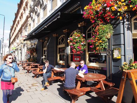London, England - September 28 2015: Exterior facade of the Fuller? S Ale & Pie House, the Jack Horner, at Tottenham Court Road. A British pub and restaurantのeditorial素材