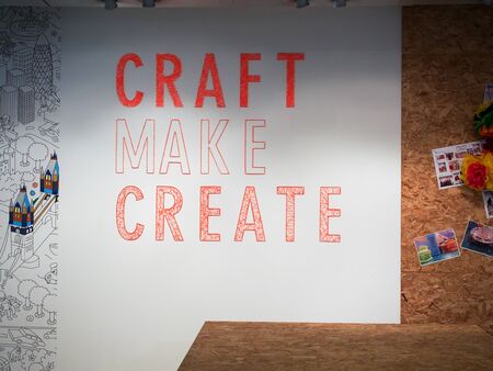 London, England - September 28 2015: Interior of the British Paperchase stationery supplies, cards, gifts & art material shop at Tottenham Court Road Workshop part, string art, coloring mapのeditorial素材