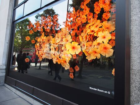 London, England - September 28 2015: Ice watch window shop with flowers at Oxford street