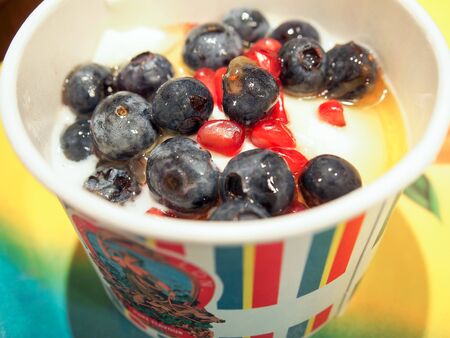 London, England - September 29 2015: Leon? S London porridge with yogurt, blueberries, seeds ,? healthy breakfast in a British fast foodのeditorial素材