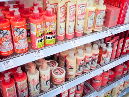 London, England - September 29 2015: Soap and Glory display at Boots pharmacy and beauty storeのeditorial素材