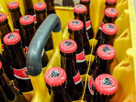 Charleroi, Belgium - December 28 2019: Jupiler blonde Belgian beer caddy in a grocery store. Jupiler locker, pack of 24のeditorial素材