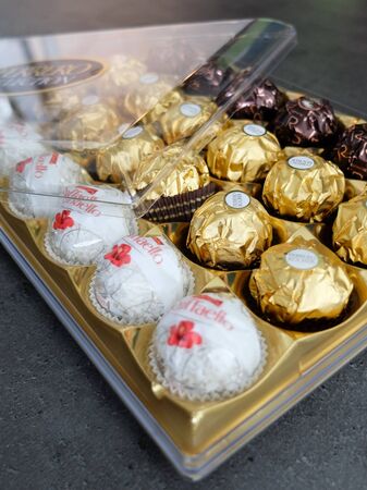 Charleroi, Belgium - December 28 2019: Ferrero Chocolate pralines collection box with Raffaello,...
