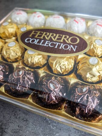 Charleroi, Belgium - December 28 2019: Ferrero Chocolate pralines collection box with Raffaello,...