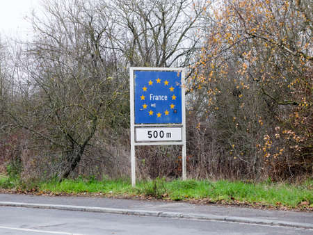 Rodange, Luxembourg - December 10 2019: Welcome to France road sign. Road sign indicating the border of a European Union country. Border between Grand Duchy of Luxembourg and Franceのeditorial素材
