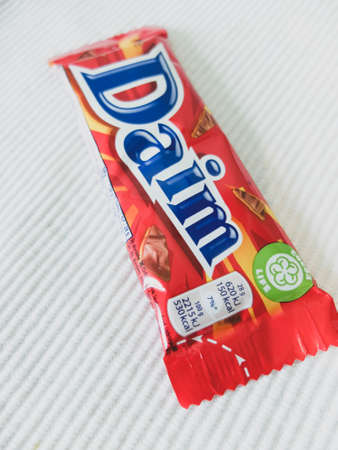 Suede chocolate bar. Daim sweets are candies from Sweden made with milk chocolate and caramel. This...
