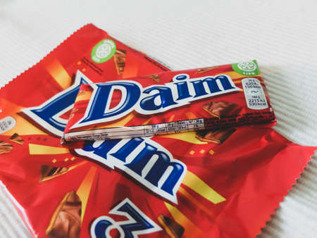 Suede chocolate bar. Daim sweets are candies from Sweden made with milk chocolate and caramel. This...
