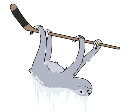 Cute Hockey-Loving Sloth Hanging from a Stickの写真素材