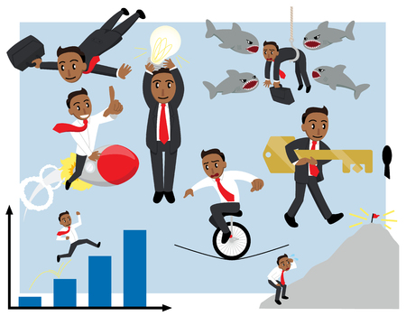 Cartoon style illustrations of a business man in various poses and situationsのイラスト素材