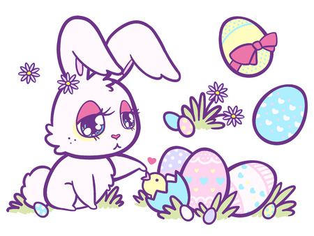 pastel-colored Easter bunny rabbit with bird and painted eggs.のイラスト素材