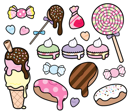 Cute and colorful desserts and candies, in a simple cartoon style.のイラスト素材
