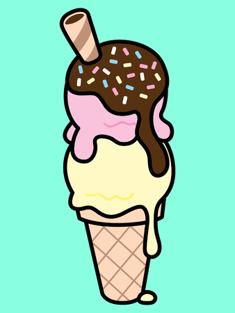 Cute pastel ice cream with two scoops, chocolate syrup, and a waffle stick.のイラスト素材