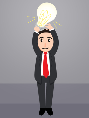 A business man wearing a dark suit holding a light bulb above his headのイラスト素材