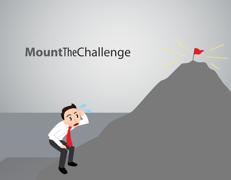 A business man attempts to overcome the challenge of climbing an intimidating mountain with success at the topのイラスト素材