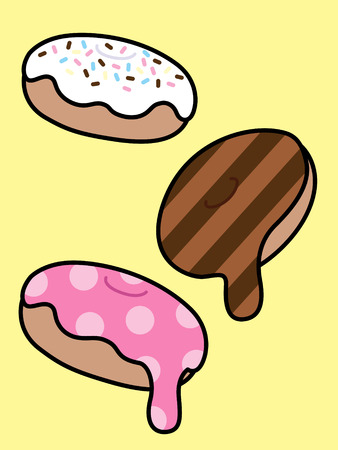 set of three cute and colorful donuts with dripping icing and sprinklesのイラスト素材