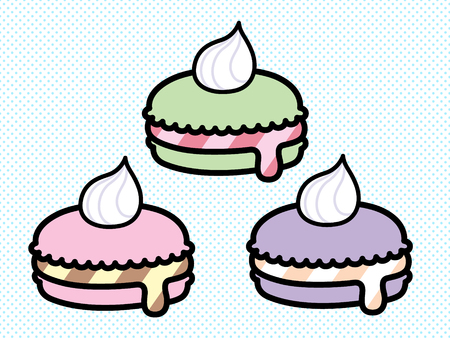 set of three macaroons with dripping icing and whipped cream on top.のイラスト素材