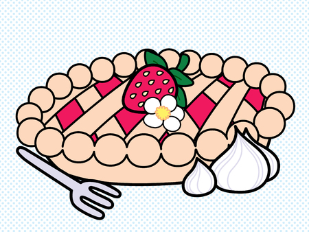 Cute and simple illustration of a strawberry pie with a strawberry on top and whipped cream on the side.のイラスト素材