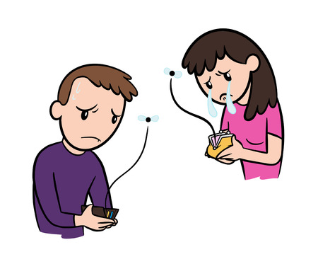 A cartoon of a woman and a man looking down in to their empty walletsの写真素材