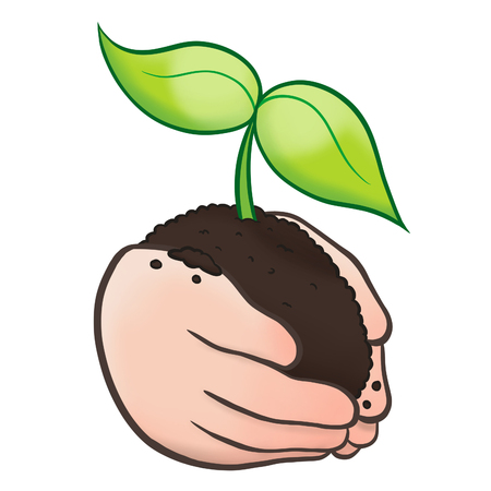 Pair of hands holding soil with a bright young sapling growing out of itの写真素材