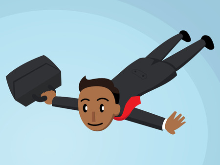 A happy business man soaring through the sky holding a briefcaseのイラスト素材