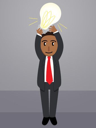 A business man wearing a dark suit holding a light bulb above his headのイラスト素材