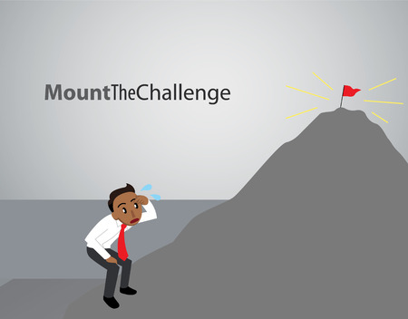 A business man attempts to overcome the challenge of climbing an intimidating mountain with success at the topのイラスト素材