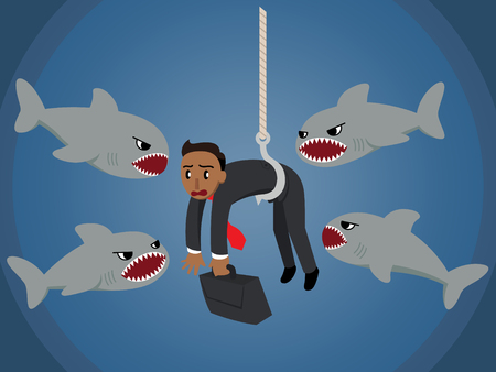 A business man in a stressful situation as he is used as bait and attacked by a group of sharksのイラスト素材