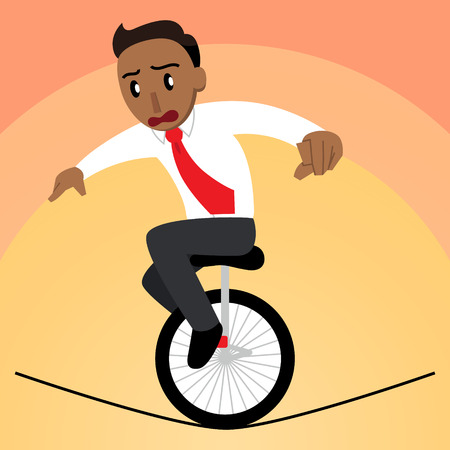 A vector cartoon of a businessman balancing on a unicycle on a tightrope and looking worriedのイラスト素材