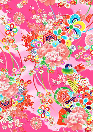 Colorful Pink Japanese style pattern, as would be seen on a kimonoの写真素材