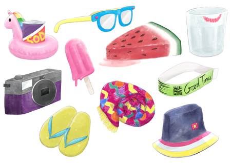 Set of summer beach vacation related objects and foods, rendered in a watercolor paint style.の写真素材