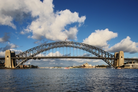 A Skyline View of Sydney at dawn showing Harbour Bridge and Sydney Opera Houseの写真素材