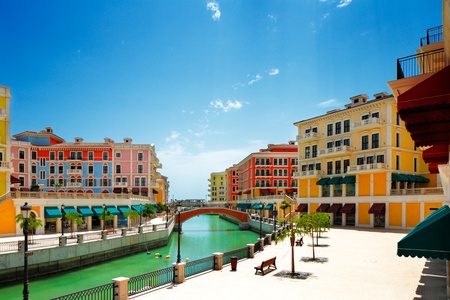 Qanat Quartier, The Pearl Qatar's "Venice-like community" has an extensive canal system, pedestrian-friendly squares, plazas and beach front townhousesのeditorial素材