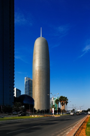 Doha Tower was designed by renowned French architect Jean Nouvel  After completion of construction in 2012 it was branded as Burj Doha by the owner, H  E  Sheikh Saud bin Muhammed Al Thaniのeditorial素材