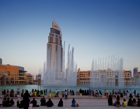 The Dubai Fountain is the worlds largest choreographed fountain system set on the 30-acre manmade Burj Khalifa Lake, at the center of the Downtown Dubaiのeditorial素材