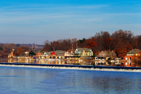 The Schuylkill River hosts Philadelphias famed boathouse row, as a colorful backdrop to the Fairmount Dam Fishway, City of Philadelphiaのeditorial素材